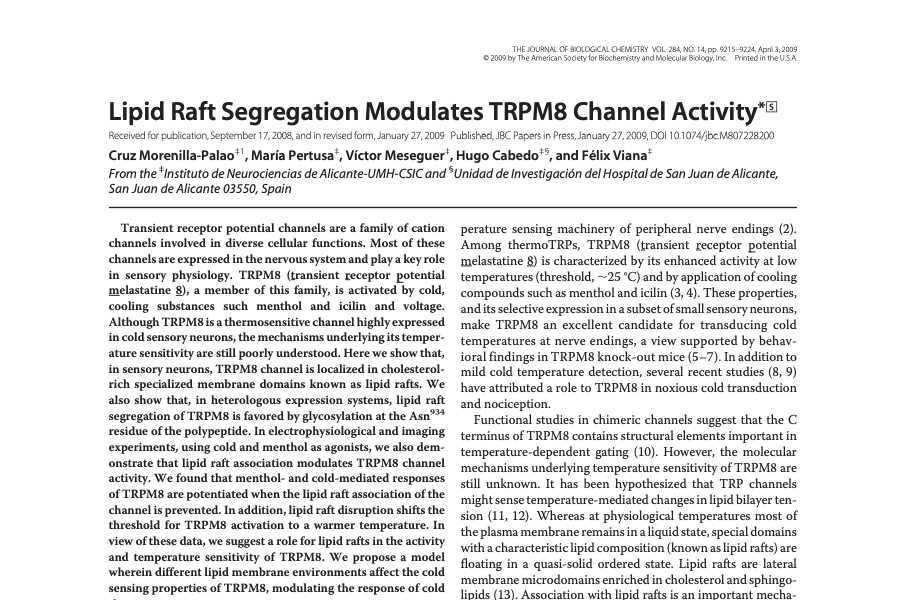 Lipid Raft Segregation Modulates TRPM8 Channel Activity